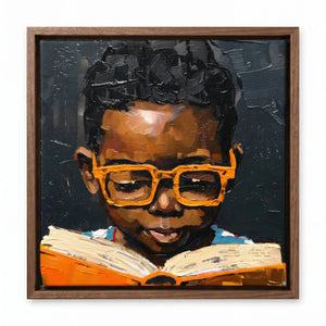 African American boy reading art in a walnut floating frame, thick impasto brushwork on canvas