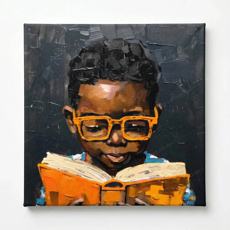 Black Boy Joy Reading oil painting reproduced on stretched canvas without an outer frame